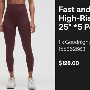 Lululemon fast and free 25'' high rise legging in goodnight plum, size 4